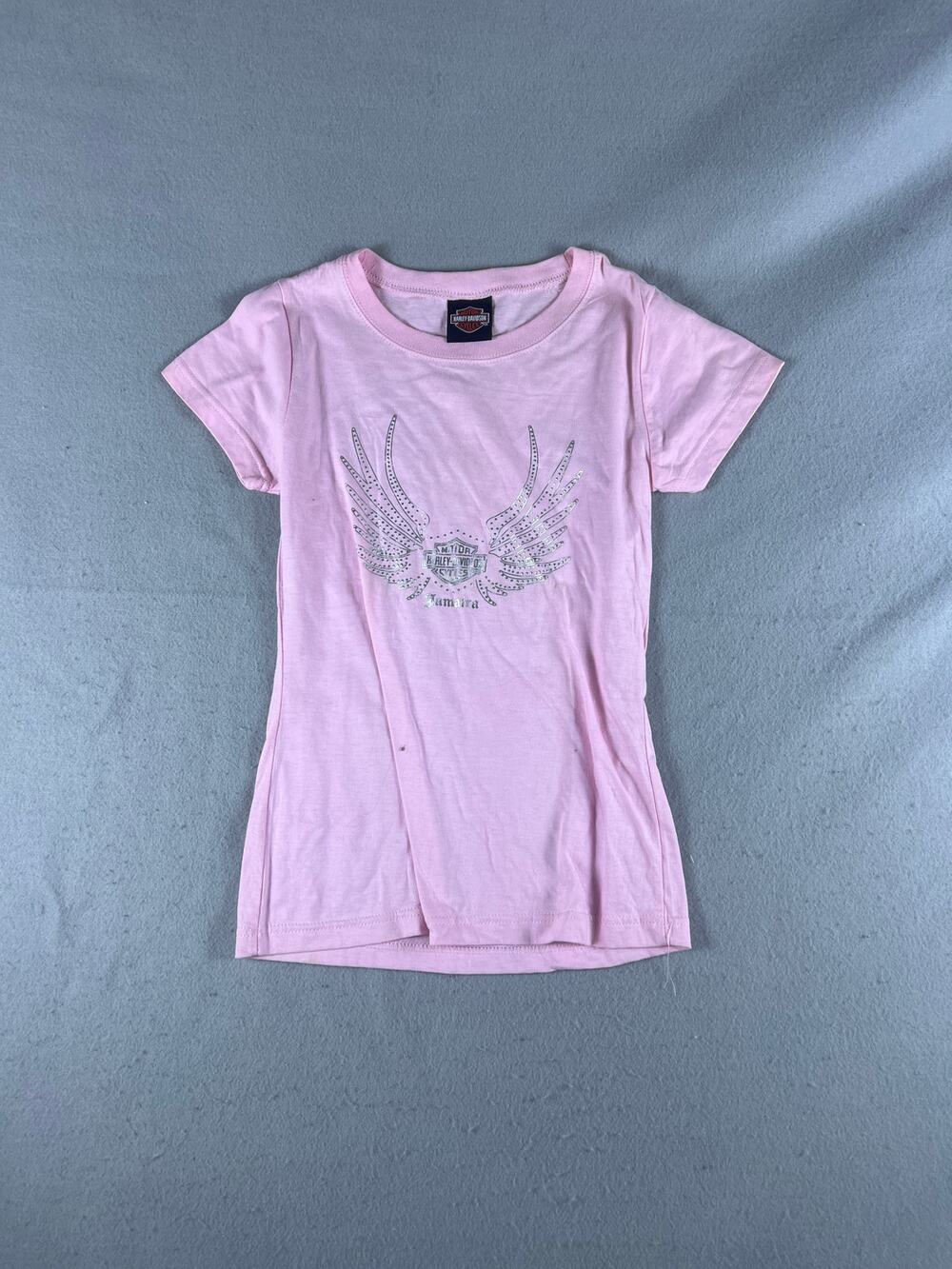 Harley-Davidson Top Womens S Pink Winged Bar Shield Jamaica Metallic Graphic Tee
